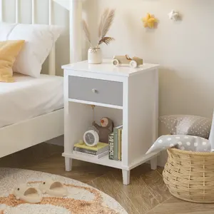 Modern Nightstand, Kids Nightstand with One Drawer, End Table for Boys and Girls, Toddler Night Stand for Living Room, Bedroom, White+Grey