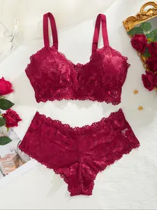 Women's Plus Size 2pcs Plain Lace Bra & Knicker Set, Plus Size Comfort Skin Friendly Adjustable Strap Push Up Bra & Panty, Soft Comfortable Breathable Plus Underwear Set for Women Womenswear Lady