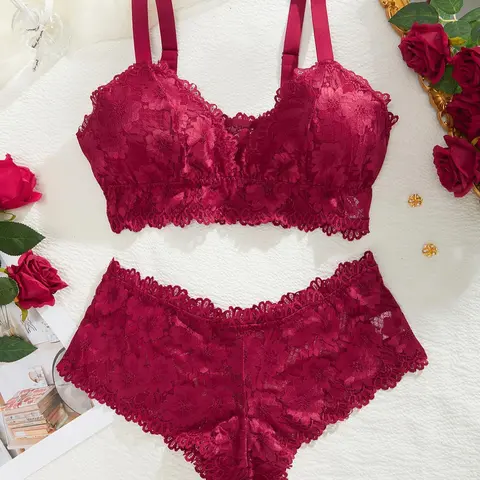 Women's Plus Size Curvy 2pcs Plain Lace Bra & Knicker Set, Plus Size Comfort Skin Friendly Adjustable Strap Push Up Bra & Panty, Soft Comfortable Breathable Plus Underwear Set for Women Womenswear Lady