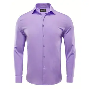 Men's Elegant 4-Way Stretch Dress Shirt - Wrinkle-Free, Long Sleeve, Lavender Purple, Polyester, Lapel Collar, Button Detail, Versatile for Casual & Semi-Formal Wear