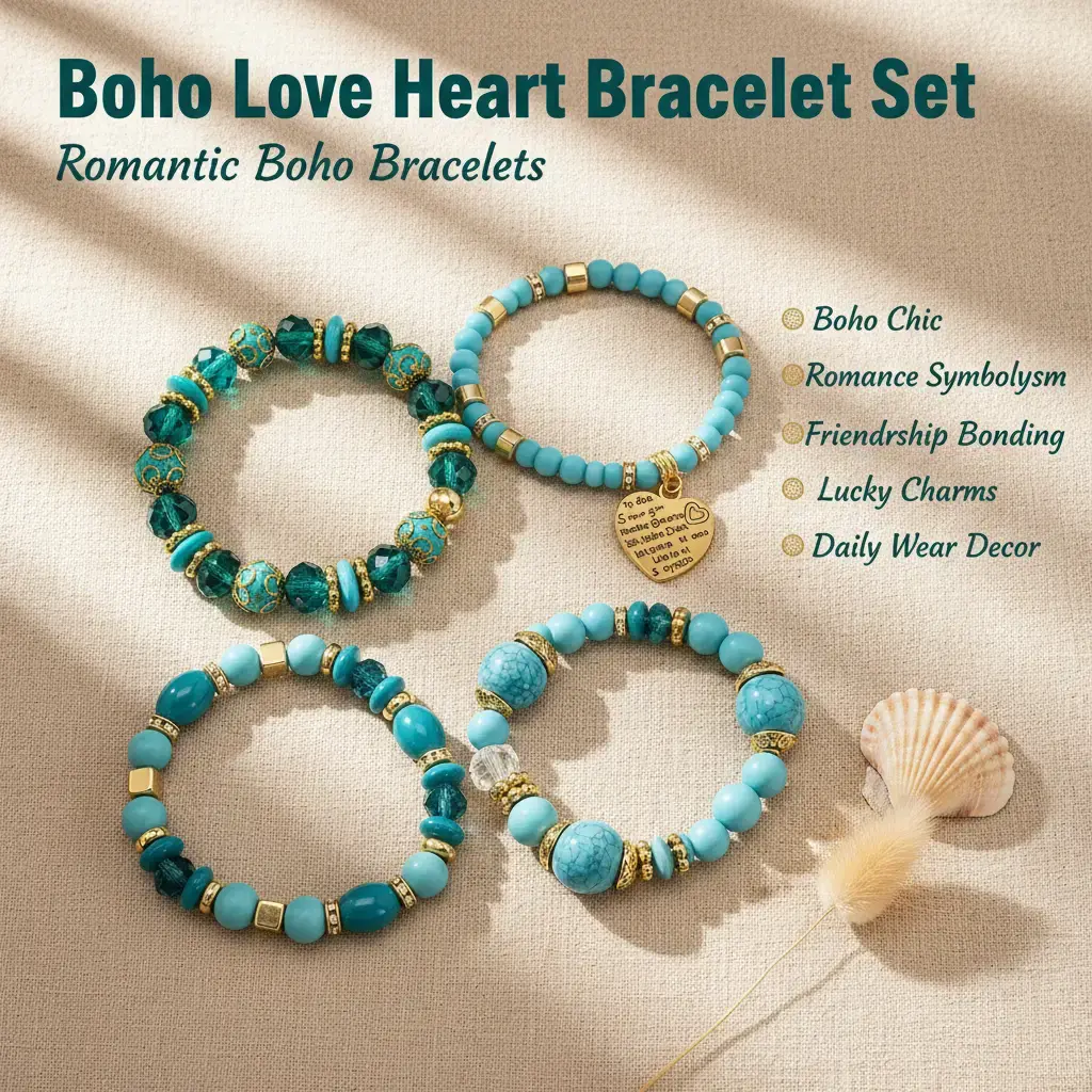Boho Multilingual Love Heart Bracelet Set, 4 Pcs Stackable Turquoise Beads, Romantic Meaningful Gift Jewelry friendship Matching Charm good fortune Eternal Couples daily clothing decor money attraction bracelet