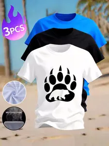 3PCS Men's Bear Paw Graphic Tees, Casual Breathable Short Sleeve T-Shirts, Summer Beach Daily Wear Tops for Men