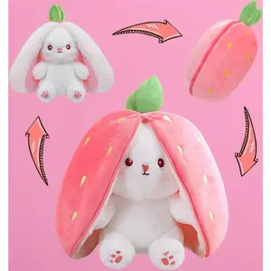 Bunny Stuffed Animal Reversible Cuddle Bunny Plush, Strawberry Bunny Transforms into Floppy-Eared Rabbit Plush with Zipper, Magic Turn Plushie Toy, Kawaii Stuffy Doll for Easter, Birthday Gift for Girlfriend