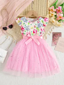 Coviviky Girls' Floral Leaf Sleeve Dress, Floral Printed Dress, Flower Print Sequin Mesh Skirt with Satin Bow, Princess Party Dress for Daily & Formal Occasions, Sparkly Dress