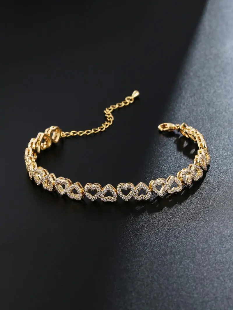 14K Gold Plated Heart Tennis Bracelet for Women, Sparkling Cubic Zirconia Open Heart Bracelet, Adjustable Love Jewelry Gift for Her, Birthday Anniversary Gift