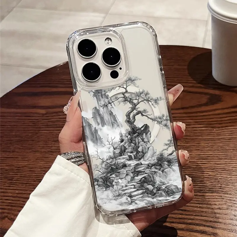 Transparent Acrylic Shockproof Printed Phone Case - Mountain Landscape with Pine Trees, Magnetic Ring, Wireless Charging Support for iPhone 17 E Air Pro ProMax 16 15 14 Plus 13 12 11 X XS XR - Smartphone/Cellphone/Handheld Device Protection, Devices