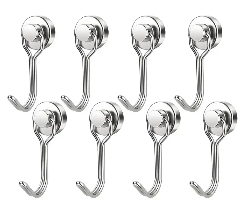 8/16-Pack Swiveling Magnetic Hooks — No-Drill, Strong-Hold Rotating Hooks (Magnetic Iron) — Heavy-Duty Hooks for Kitchen, Refrigerator, Wall, Desk, and Classroom Storage