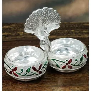 German Silver Peacock Haldi Kumkum Holder