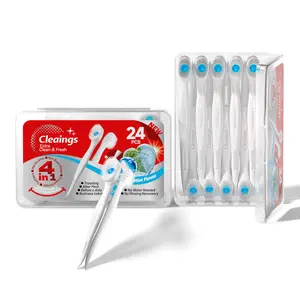 CLEAINGS 4-in-1 Portable Mini Brushes Set with Toothpaste Toothbrush Toothpick & Tongue Scraper Mint Flavor 24 Count travel