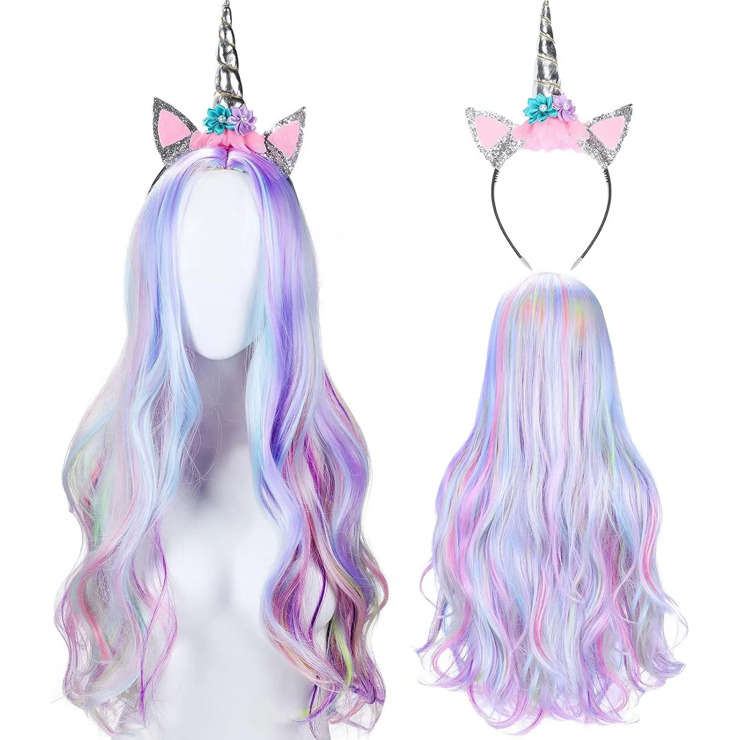 SQ-HDW018 Girls' 3-Piece Halloween Unicorn Costume Set - 10-11 Years, 1 Size, Cosplay Ready, 1 Piece of Long Curly Hair (Long Curls), Synthetic Soft Hair Wig Cap, Gold Unicorn Horn Ears Flower Headband, One Size