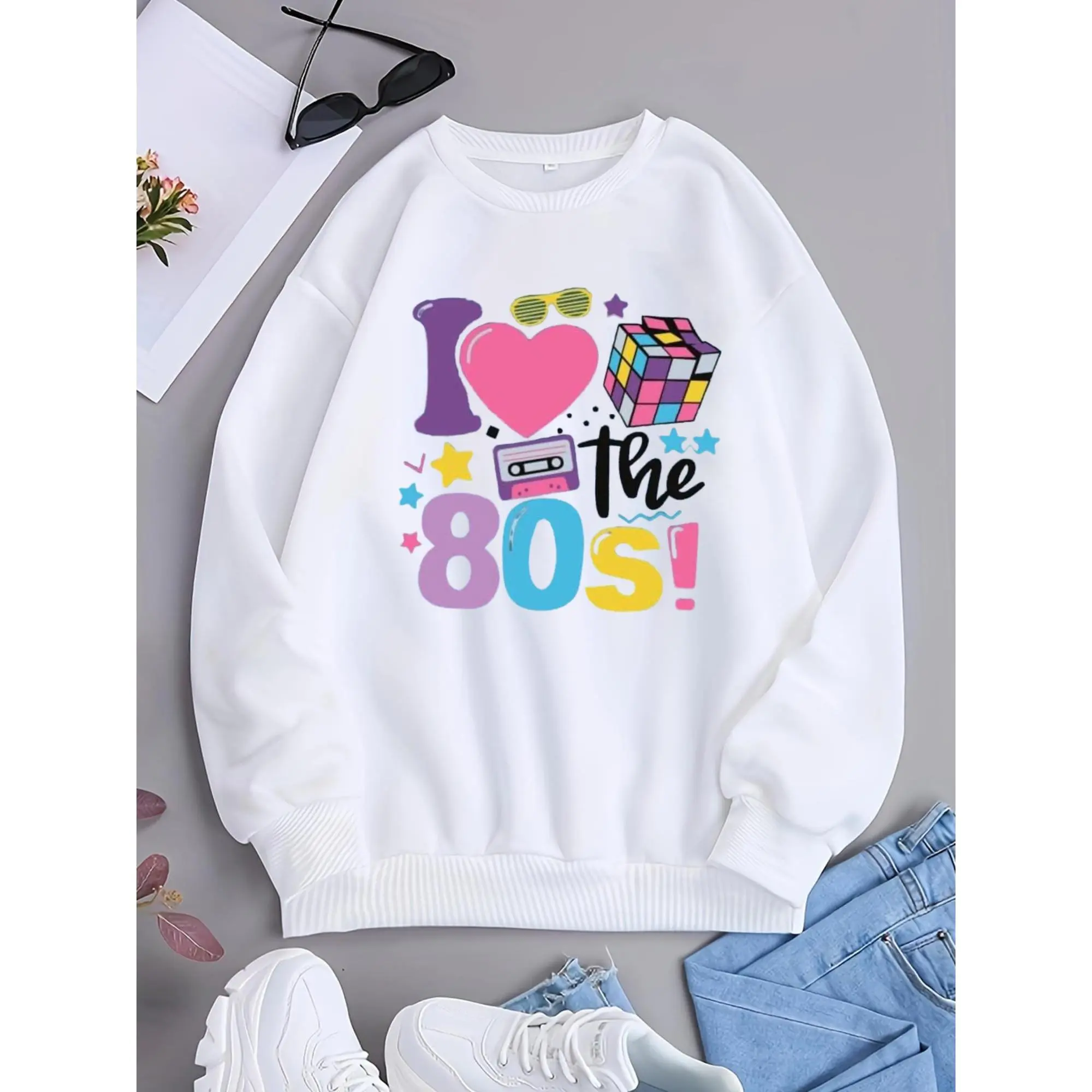 80s Retro Sweatshirt for Women I Love The 80s Long Sleeve Crew Neck Graphic Print Vintage 1980s Party Disco Music Themed Gifts Tops Outfit Sweatshirts