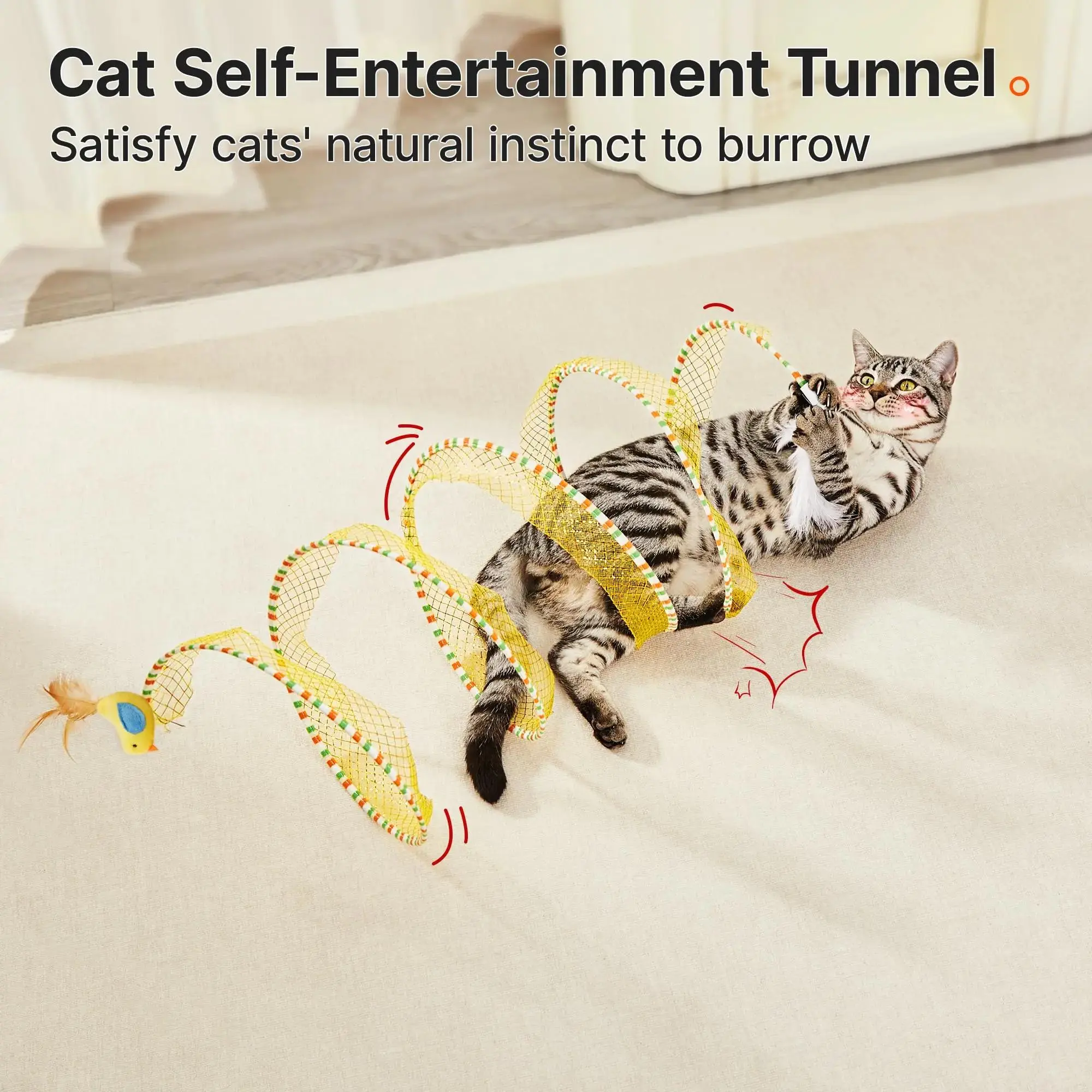 Spiral Tunnel Cat Toy, Cat Self Play Spiral Kitten Collapsible Spring Tunnel Toy for Indoor Cats with Feather and Bell, 20 Inches Unfolded #SummerVibes #petlovers