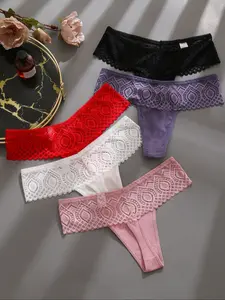 Women's Geometric Lace Thong Panties, Soft Breathable Fitted Underwear, Casual Everyday All-Season Ladies Lingerie Set, Pack of 5, Spandex Breathable Panties