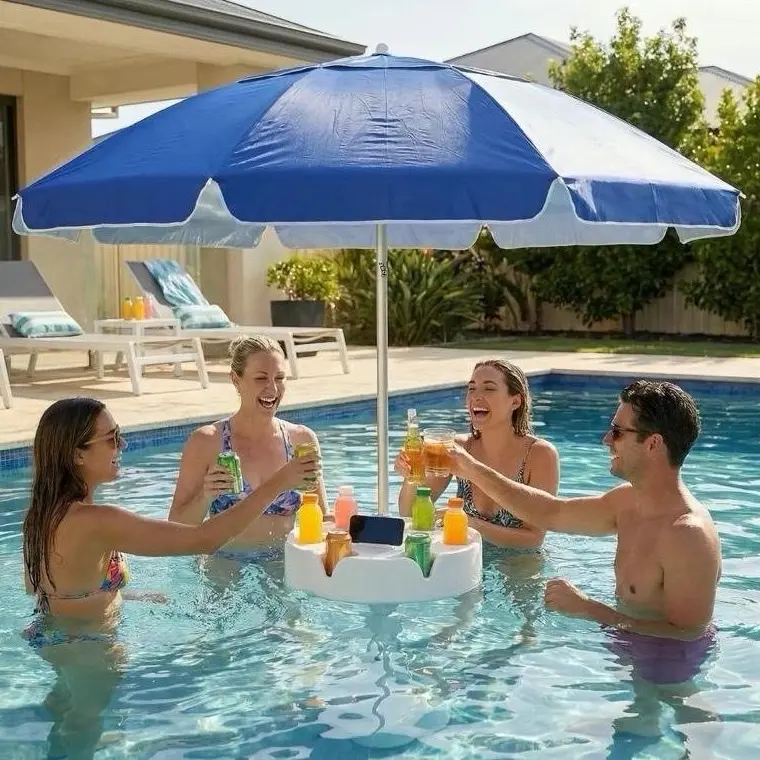 Floating Pool Umbrella with Bar and Base, Portable Pool Bar Table Umbrellas with Cup Holder & Phone Stand, Floating Poolside Shade, Included Easy Carry Bag, for Inside of Pool, Swimming Area, Lake House, Beach, #Summervibes