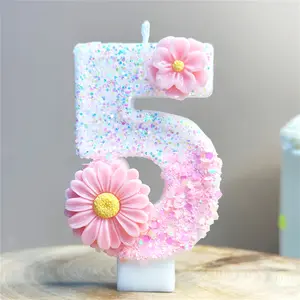 1pc Pink Glitter Number Birthday Candles 0-9 with Floral Accents - Sparkling Flower Cake Topper for Girls Birthday Party Decorations - Elegant Shimmering Numeric Candle for Anniversaries and Garden Theme Celebrations