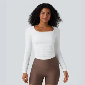 Halara SoftlyZero Airy Square Neck Long Sleeve Ruched Cool Touch Workout Sports Top