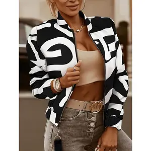 Plus Size Abstract Print Polyester Blend Color Block Zip-Up Jacket - Machine Washable Casual Long Sleeve for Fall/Winter