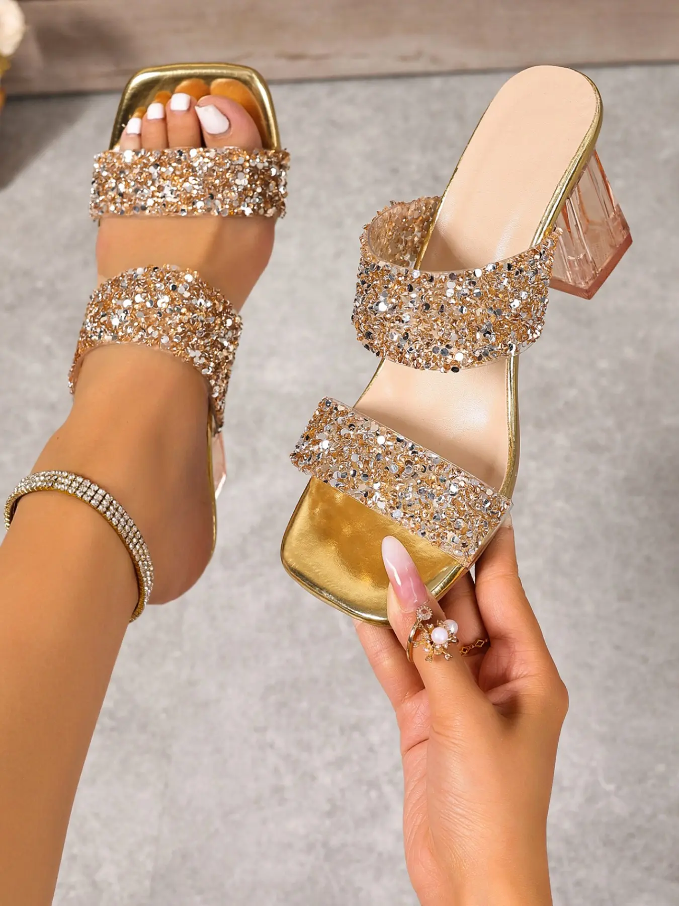 Summer New Rhinestone Buckle Thick Heel Sandals, Transparent Crystal High Heels, Champagne Gold Fairy Style Open Toe Shoes, Embellished Sandals