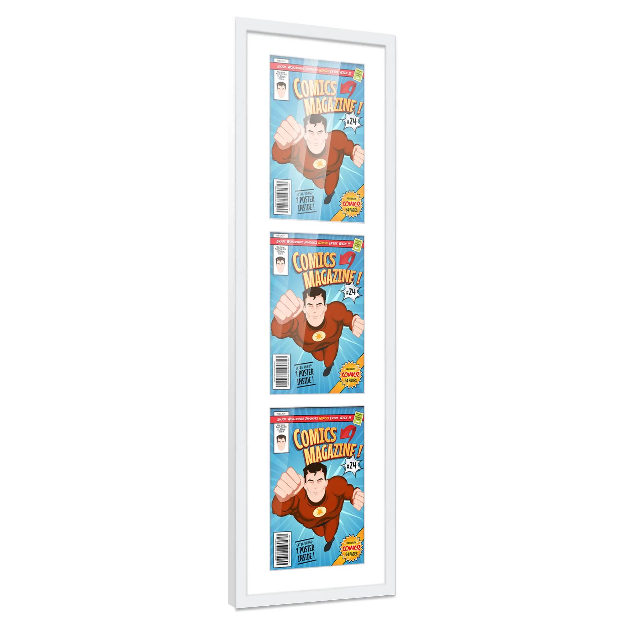 Comic Book Frame with Mat for 3 Bronze Age Comics Published Between 1970 and 1985 - White Wood Comic Frame With White Mat for 7.25x10.5 Comics - 11.25x36 Frame Size