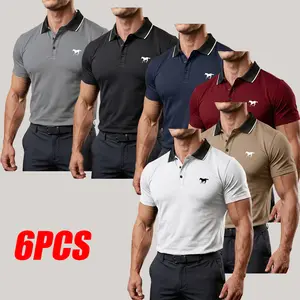 Men’s 6-Pack New Summer Comfortable Polo Shirts - Classic Buttoned Turn-Down Collar Menswear, Short-Sleeve Plain Casual Tops for Outdoor Sports