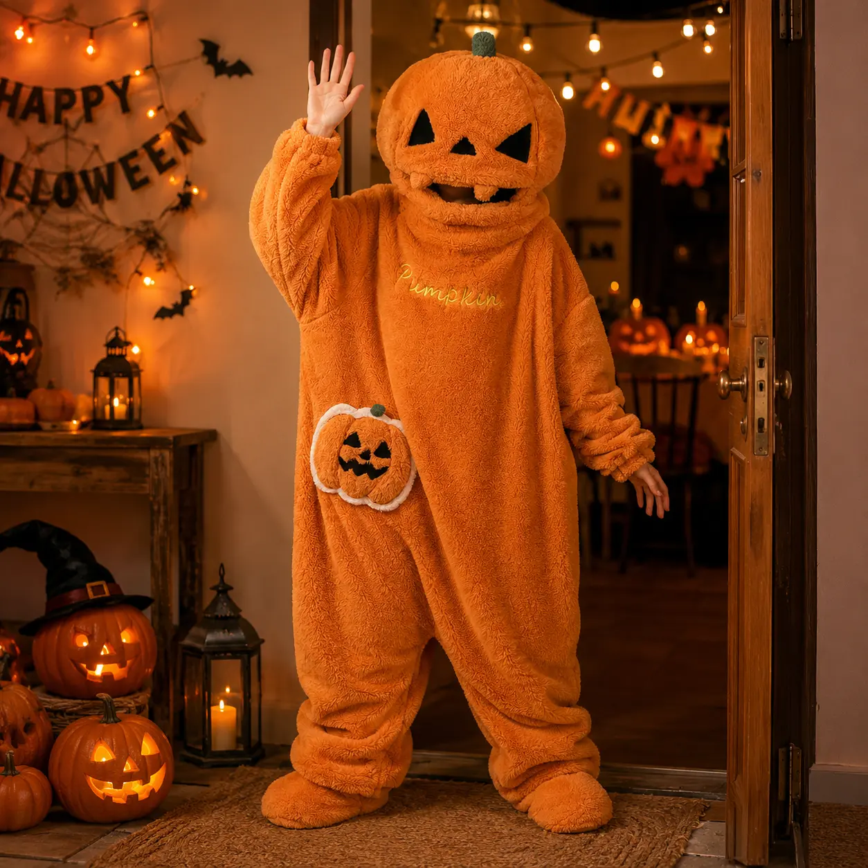 Women's Halloween Onesie Pajamas - Soft Fleece Hooded Pajama Jumpsuit with Zip Up Design, Pumpkin Print Costume Sleepwear for Trick or Treat, Lounge Wear and Winter Nights