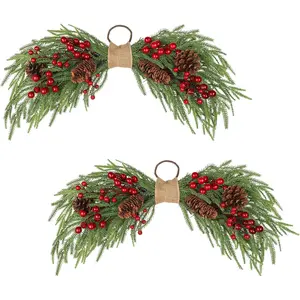 2PCS Artificial Christmas Swags with Norfolk Pine, Red Berries and Pinecones, 24" Christmas Thanksgiving Decorations for Front Door, Mantel, Staircase, Window, Xmas Décor