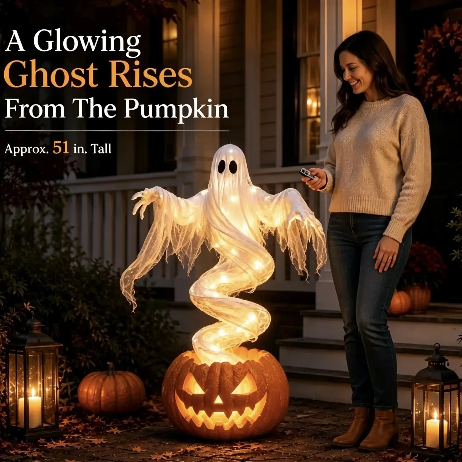 51-Inch Lighted Spiral Ghost Pumpkin Halloween Decoration with Remote, Outdoor Yard Holiday Lighted Display (Home & Festive Party Supplies)