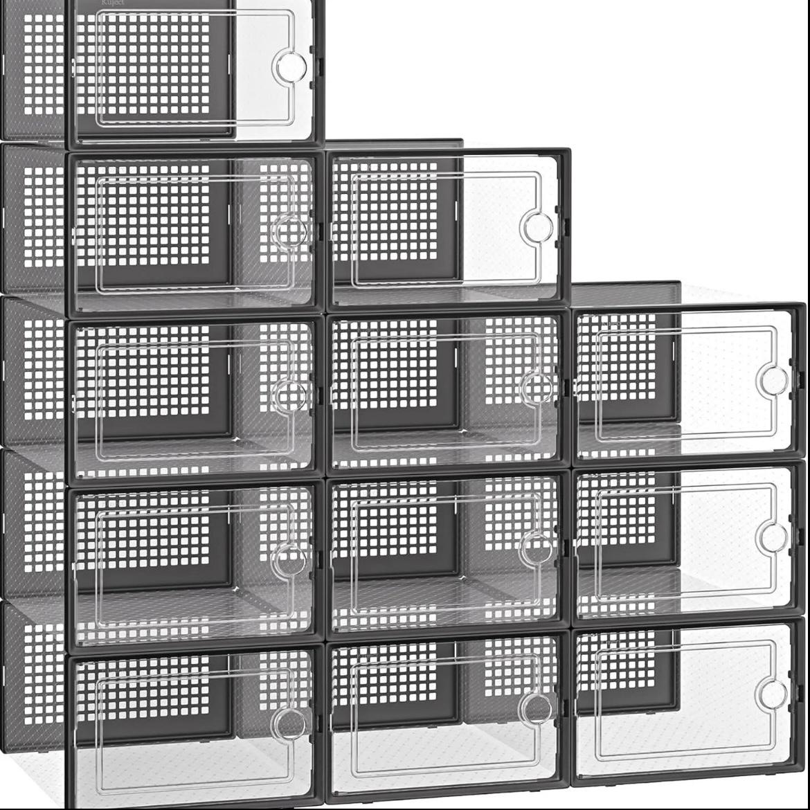 X-Large Shoe Storage Boxes Organizers Clear Plastic Stackable 12 Pack, Shoe Rack & Holder Substitute, Sneaker Containers, Toy Storage Organizer Bins for Entryway, Closet, Under Bed, Black