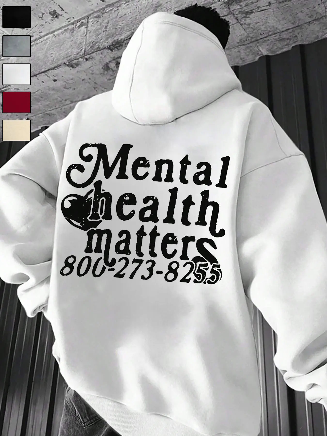 Unisex Mental Health Awareness Hoodie, Loose Fit Warm Knit Sweatshirt with Graphic Hotline Print, Casual Streetwear Everyday Style, Fall & Winter Wear