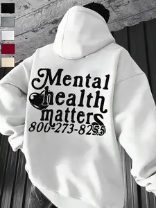 Unisex Mental Health Awareness Hoodie, Loose Fit Warm Knit Sweatshirt with Graphic Hotline Print, Casual Streetwear Everyday Style, Fall & Winter Wear