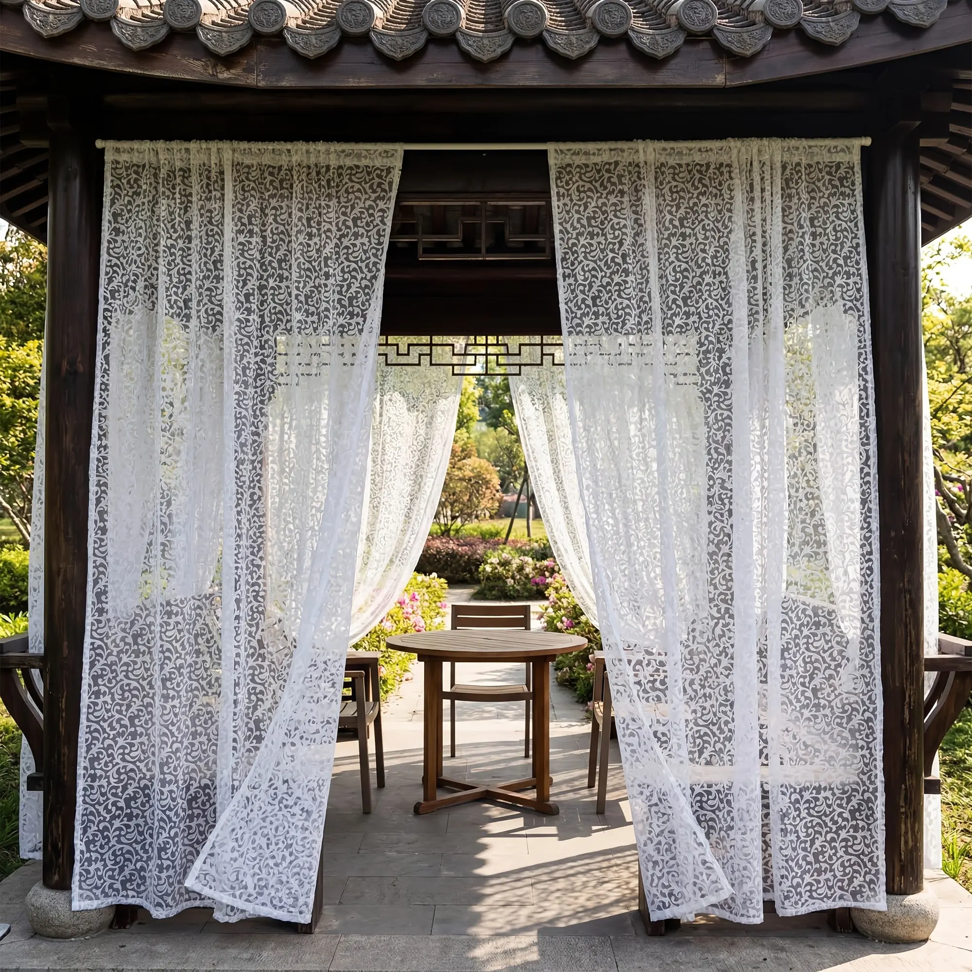 2-Pack European Scroll Pattern Semi-Transparent Outdoor Curtain, Sheer Printed Curtains, Wedding Decoration, Lightweight, Easy Rod Installation