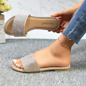 Women's Rhinestone Straps Slide Sandals Open Toe, Casual & Dressy Flats for Summer