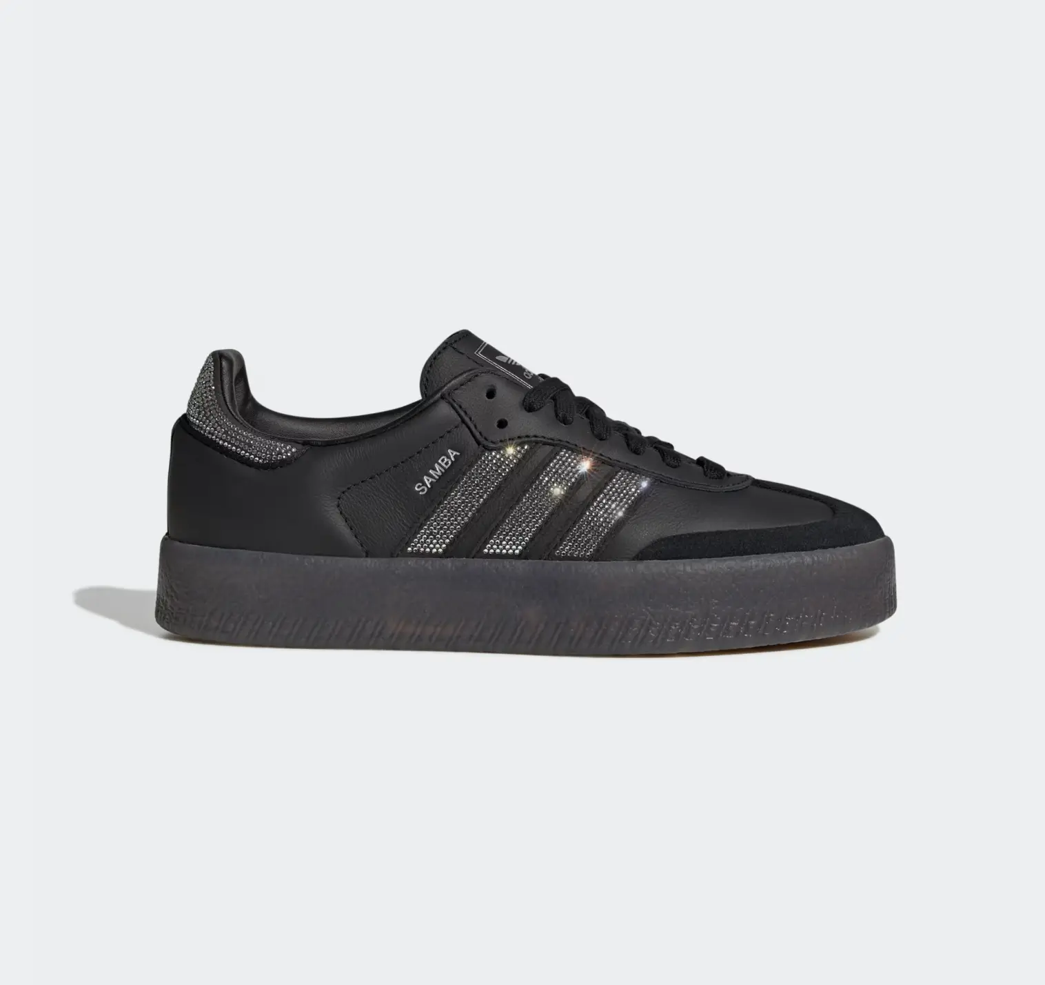 Adidas Sambae Rhinestone Core Black Metallic Silver IH4045 - Women's Black Leather & Sparkling Rhinestones Sneakers