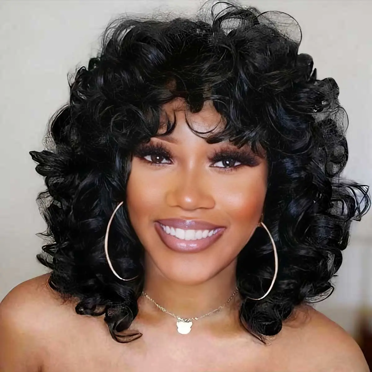 SISWIN Women's Glueless 14in Black Big Curly Wig with Bangs, Premium Synthetic Full Machine Wig, Natural Look, High-Quality for Everyday Wear, Glueless Wigs
