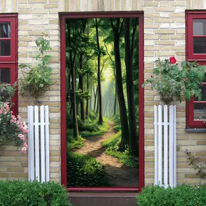 2pcs Forest Path Wall Sticker Nature Scenery Bedroom Decorative Sticker Removable Self Adhesive Wallpaper Living Room Corridor Background Wall Decal Green Plant Tree Wall Mural Home Decor Art Collage S Decoration Sticker