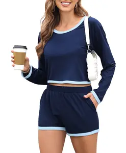 Pajama Sets for Women 2 Piece Summer Lounge Wear Soft Long Sleeve and Shorts Outfits Sleepwear with Pockets Loungewear Womenswear pajama sets women Homewear Pjs