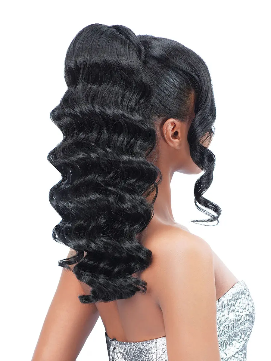 Zury Sis Miss Bang Lace Part Drawstring Ponytail SOFIA Heat Resistant Synthetic Hair Long Crimp Wave Style Split Bang Flat Top