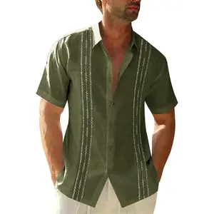 Mens Short Sleeve Guayabera Shirts Linen Cotton Button Down Mexican Embroidered Cuban Wedding Shirt Summer Beach Tops