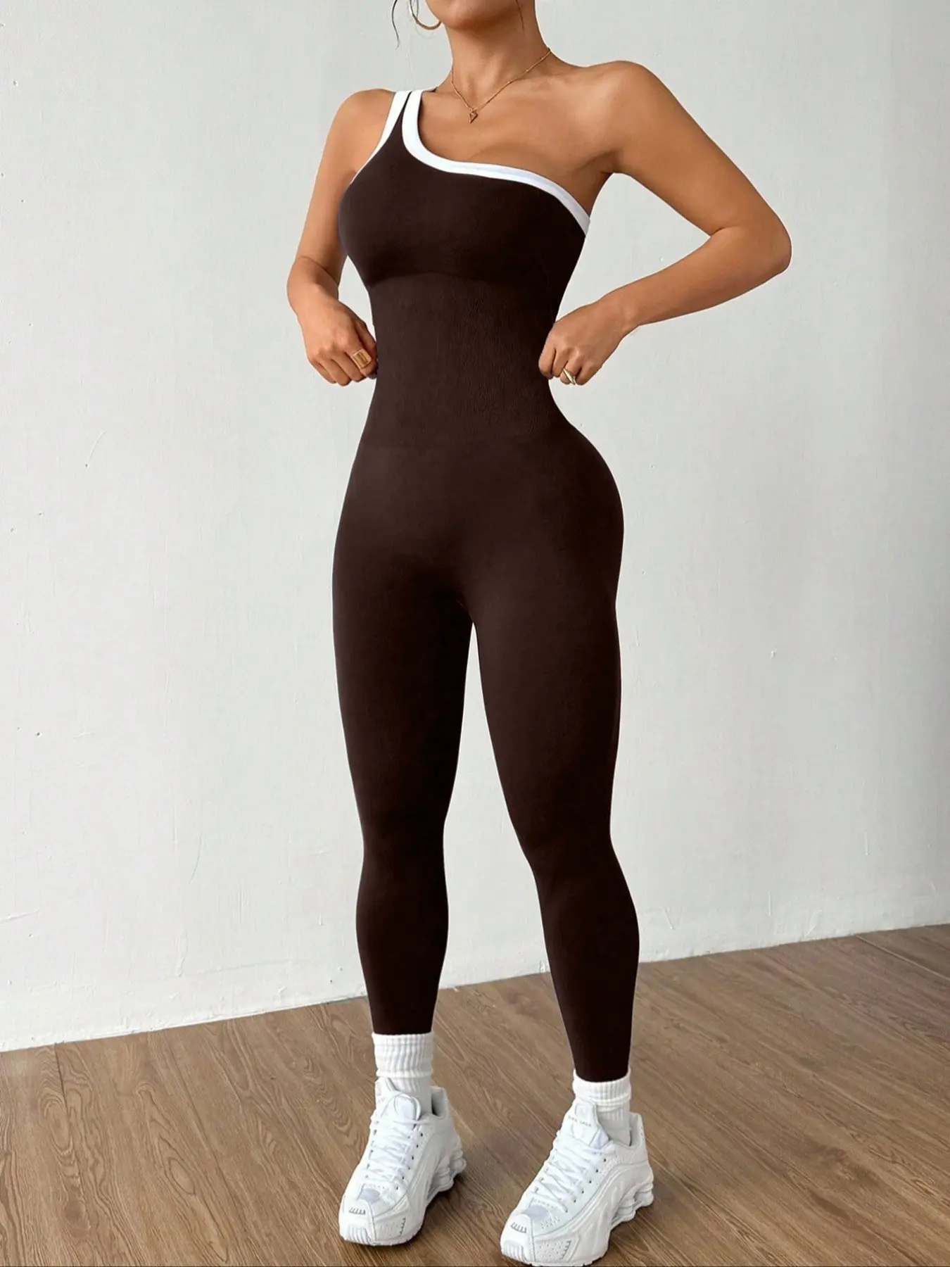 Women's Colorblock Asymmetrical Neck Sleeveless Knit Yoga Jumpsuit, Sporty Jumpsuit, Workout Jumpsuit, Stretchy Jumpsuit, Stretchy Sports Jumpsuit
