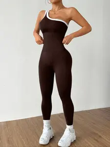 Women's Colorblock Asymmetrical Neck Sleeveless Knit Yoga Jumpsuit, Casual Slim-Fitting Long Sleeve Top for All Seasons Sporty Jumpsuit, Tight Fitting Jumpsuit, Sportswear Jumpsuit, Workout Jumpsuit, Stretch Jumpsuit