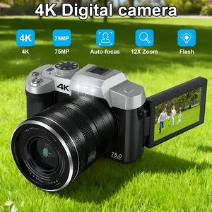 4K Digital Optical Camera, 75mp Photography, 180° Flip Screen, 12x Optical Zoom, Vlog Camcorder for Youtube Videos, Auto Focus, Anti-Shake, Flash, Lens Cap