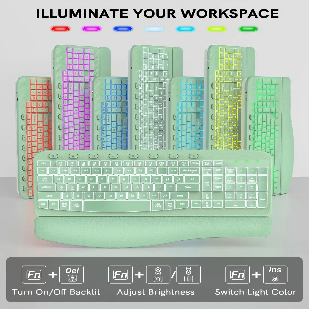 SABLUTE MA12Pro Ergonomic Wireless Keyboard & Mouse Combo with Soft Leather Wrist Rest RGB Backlit Rechargeable Set for PC Mac Chromebook Fast 2.4G Connection - Wide Compatibility