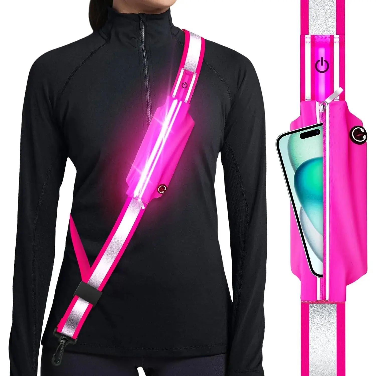 Reflective Sash Gear for Walking at Night,LED Reflective Belt Safety Lights,Lights for Night Dog Walking,High Visibility Type-C Rechargeable with Phone Holder for Men Women