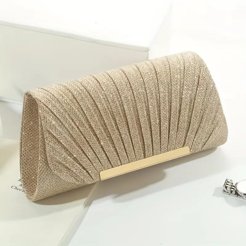 Women's Silver Gray Striped Synthetic Pleated Evening Clutch - Metal Decor Chain Bag with Magnetic Closure for Prom