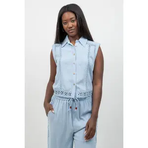 Linen Blend Sleeveless Button Down Shirt with Lace Detail