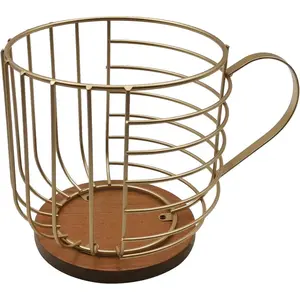 Large Capacity Wire Kup Storage with Wooden Base, Mug Shape Wire Storage Basket for Home Cafe Bar Countertop Kitchen Decor Storage Accessories Gold