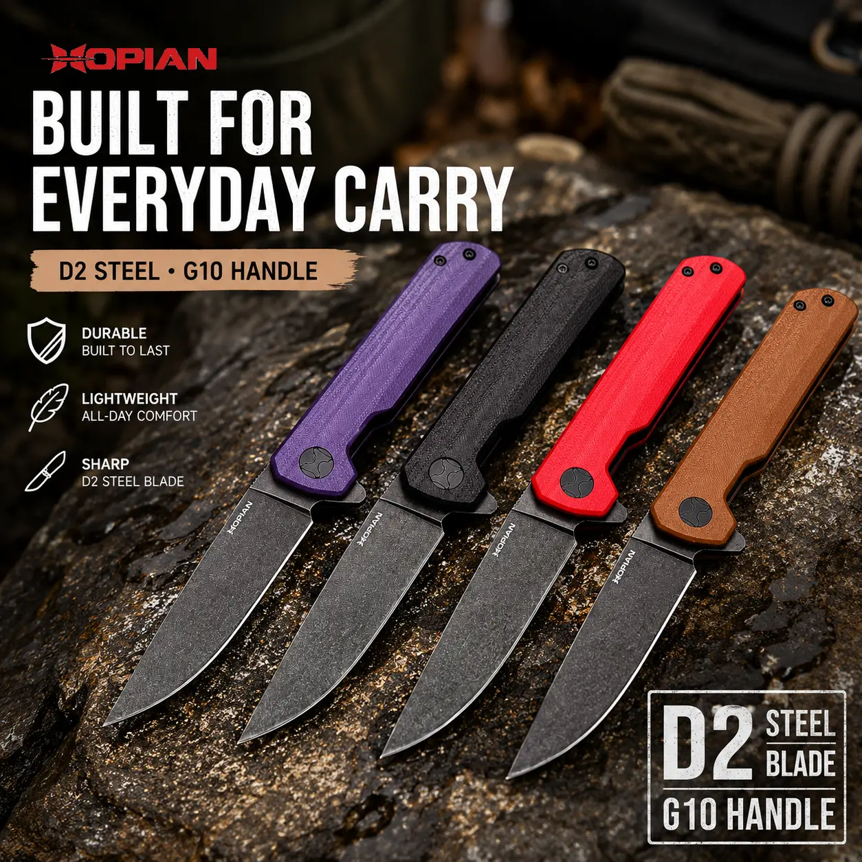 HOPIAN CLAVE Flipper Folding EDC Knife, D2 Steel Blade, Textured G10 Handle, Lightweight Pocket Utility Knife with Deep Carry Clip, Everyday Carry Knife for Camping Hiking, Purple Black Red Brown,outdoor,sharp,nylon,,Ergon,Cor,all,Forged,Dr,vg-10,h,pocked