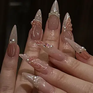 3D Pearl Decor Fake Nails Kit, 24pcs Fishtail Pattern Long Almond False Nails for Women & Girls DIY Nail Art, Effortless Press on Nails Manicure Set, Removable False Nails