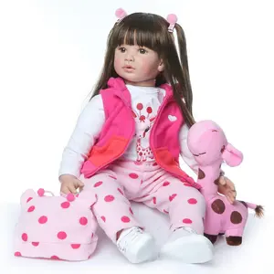 24 Inches Rebirth Girl Doll, Christmas Long Hair Brown Eyes Cute Doll Collection Cute Doll Comes with Pacifier, Bottle, Exquisite Gift Box Packaging, Realistic Baby Dolls, Posable Design Lifelike Details, Fall, Thanksgiving Christmas Gift Set, Plush Toys