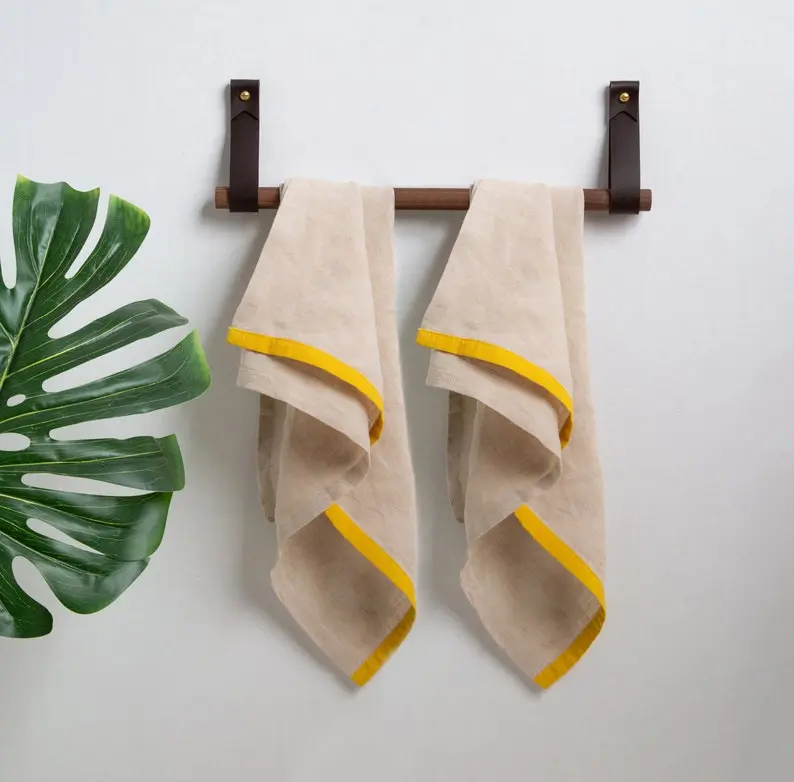 Leather Hanging Towel Holder Kit - brass hand towel rail for bath kitchen & laundry room hanging coffee mug wood rack mop and broom storage